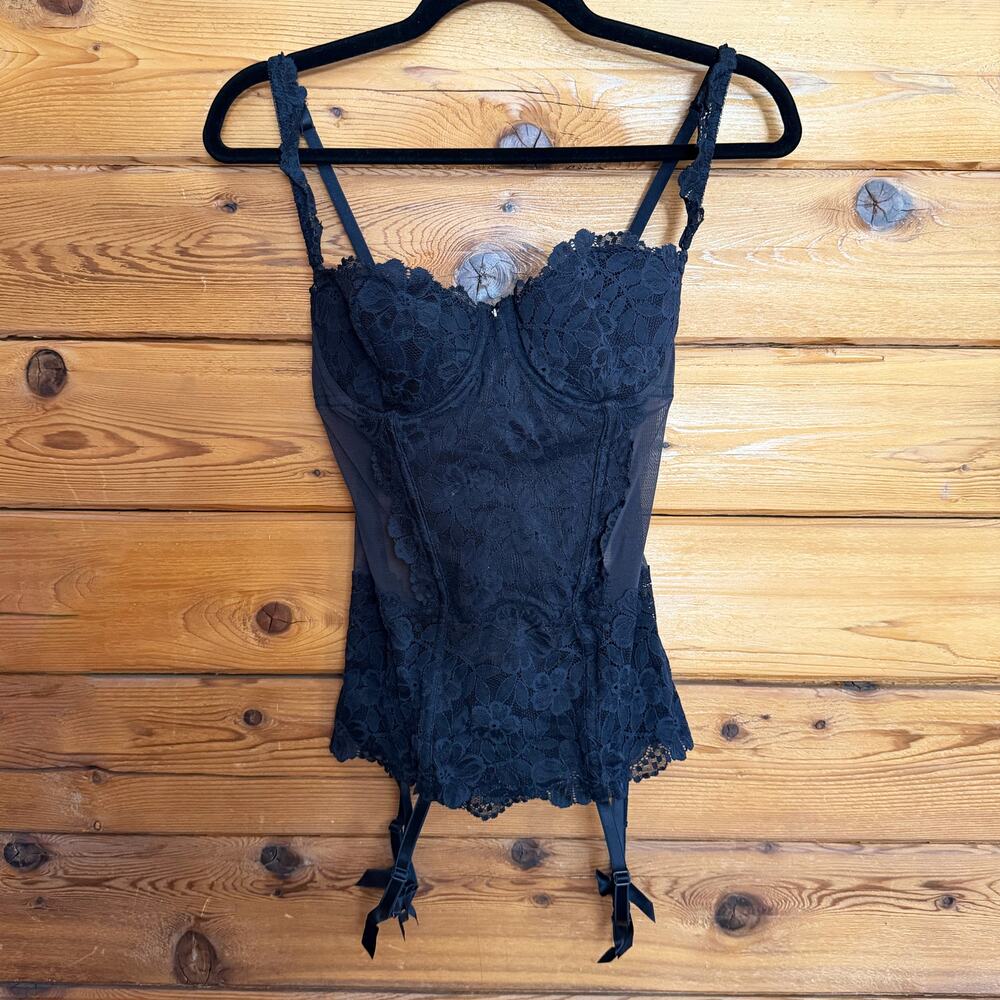 Victoria's Secret 34D Bustier Garter Corset Black Sheer Floral Lace